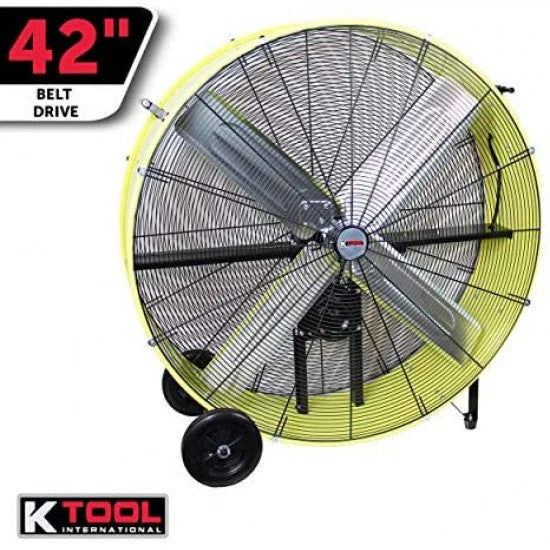 K Tool International 42′′ Belt Drive Drum Fan; Industrial, Garage, Shop, High Speed 2-Speed, Durable, Cut-Off Protection, Easy Mobility Rubber Wheels; SAFETY YELLOW KTI77743 - image 2
