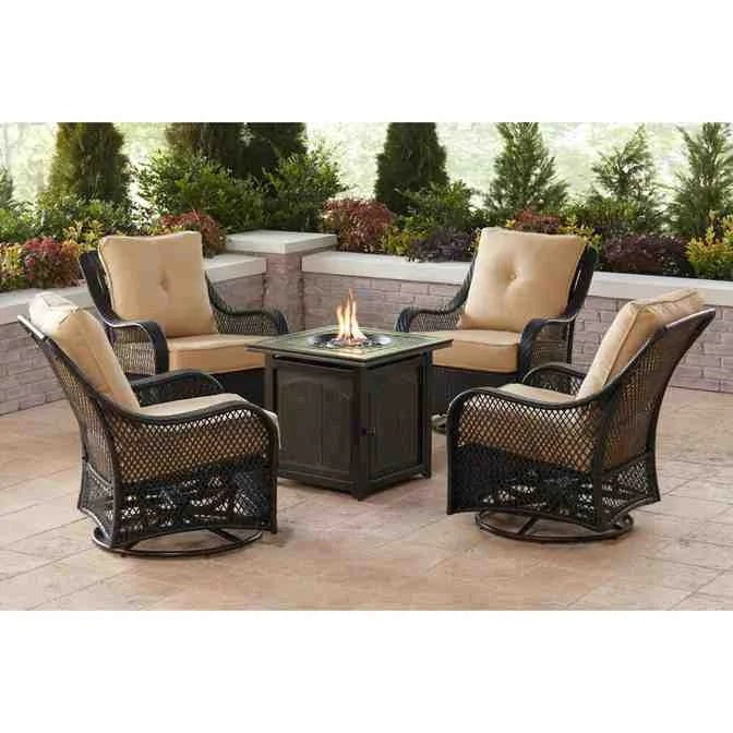 2025 5-piece steel patio fire pit seating set with navy blue cushions, swivel gliders and square fire pit table - image 6