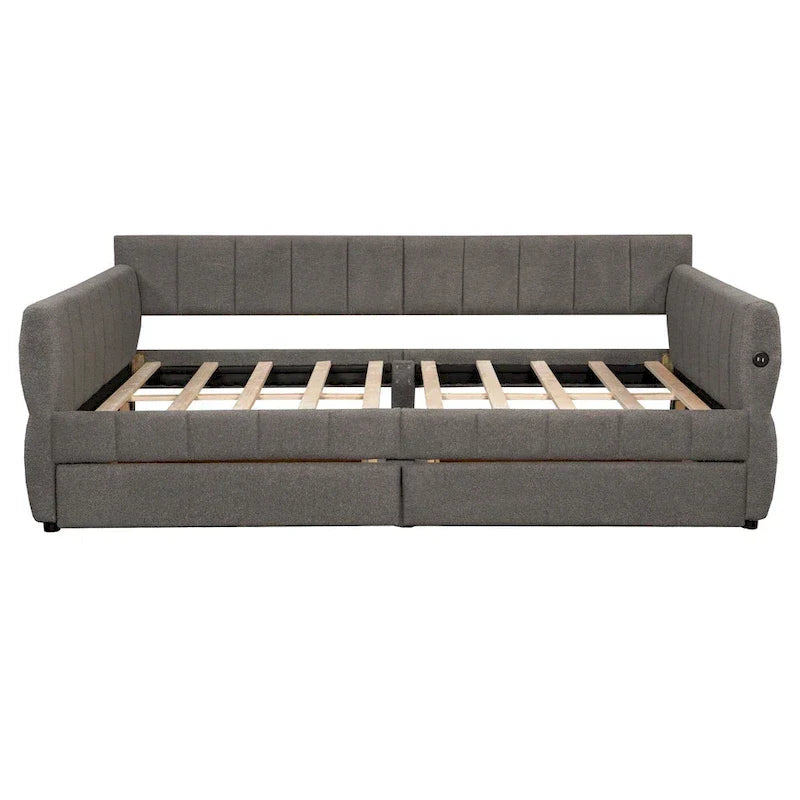 Upholstered Queen Size Daybed Sofa Bed with USB Ports and 2 Drawers - Vertical Stripes Recliner Loveseat Chaise Lounge - image 26