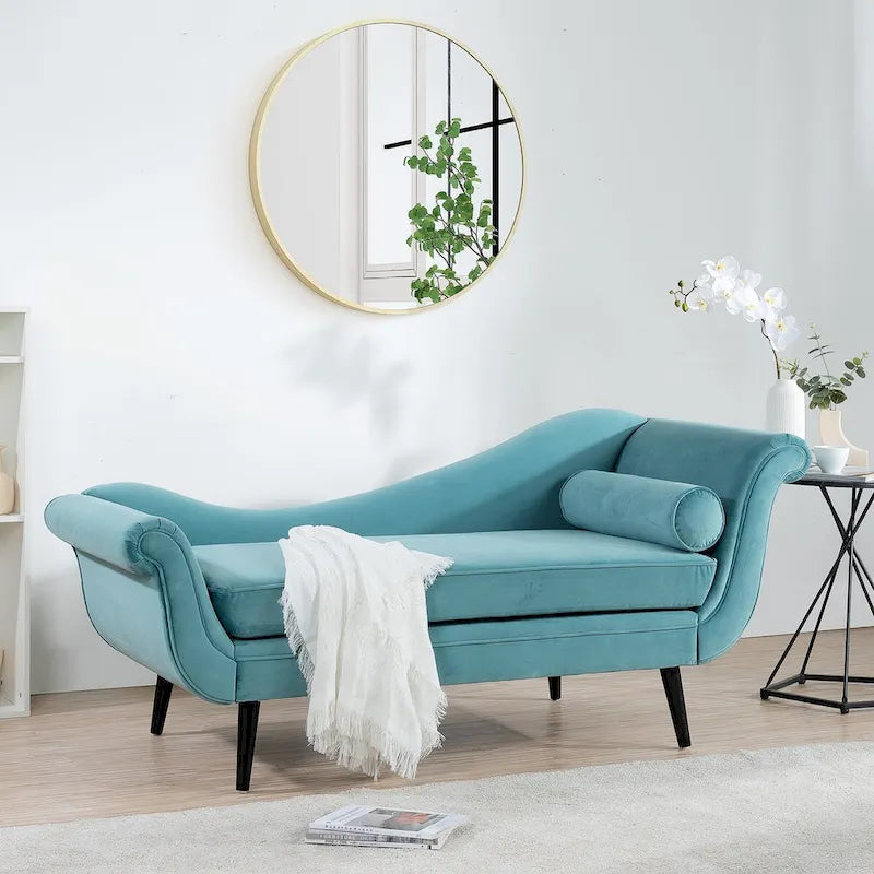 Upholstered Indoor Chaise Lounge Chair with Scroll Arms, Reclining Feature, Rolled Accent Pillow, and Sturdy Solid Wood Legs - image 1