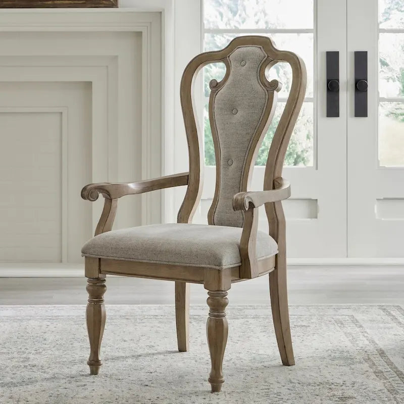 Set of 2 Magnolia Manor Weathered Bisque Upholstered Arm Chairs with Splat Back Design - image 1