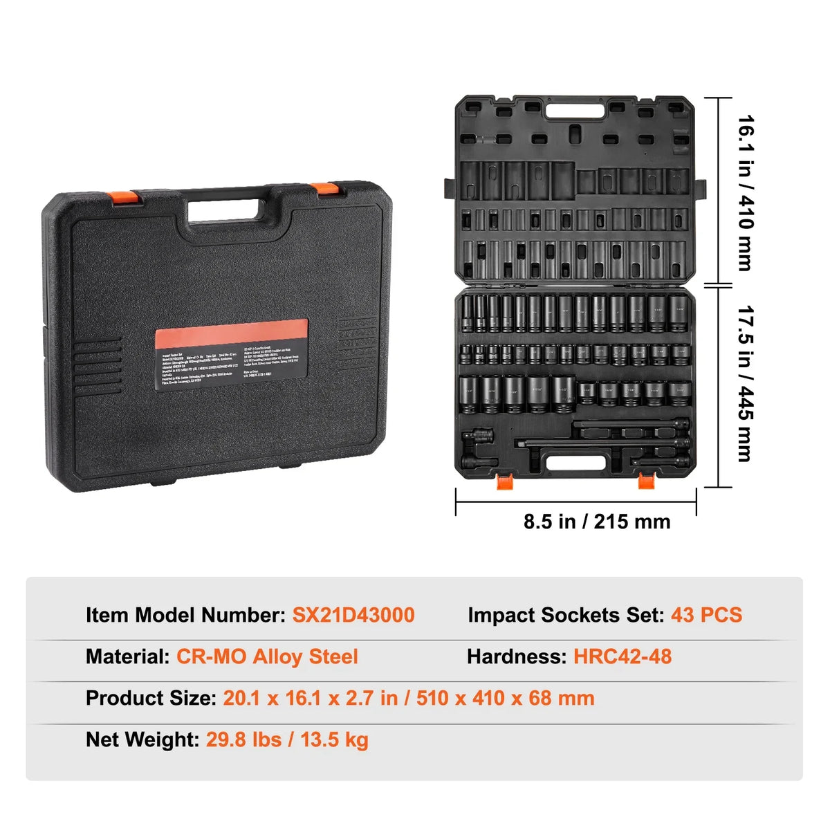 SKYSHALO 43-Pc Impact Socket Set, 1/2" Drive, SAE 3/8"-1-1/2", Deep & Shallow, 6-Point, Cr-Mo Steel, for Automotive Repair, Clear Size Labels, Durable - image 7