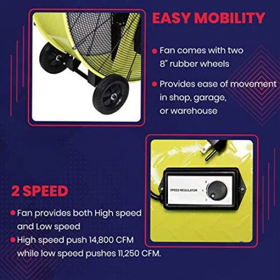 K Tool International 42′′ Belt Drive Drum Fan; Industrial, Garage, Shop, High Speed 2-Speed, Durable, Cut-Off Protection, Easy Mobility Rubber Wheels; SAFETY YELLOW KTI77743 - image 5