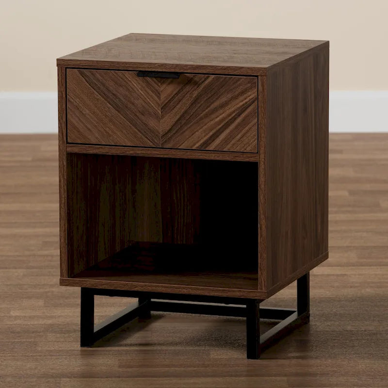Sadia Contemporary Walnut Brown Wood and Black Metal 1-Drawer Side Table - image 11