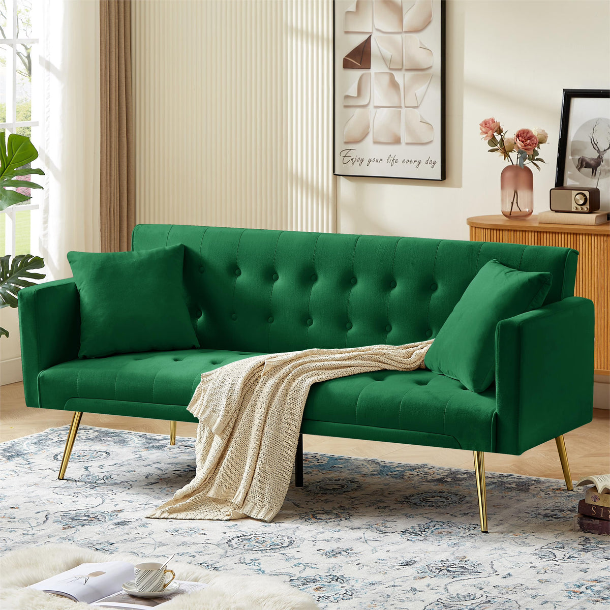 Leumius Velvet Futon Sofa Bed Mid-Century Modern Adjustable Backrest with Pillows, Gray/Gold - image 9