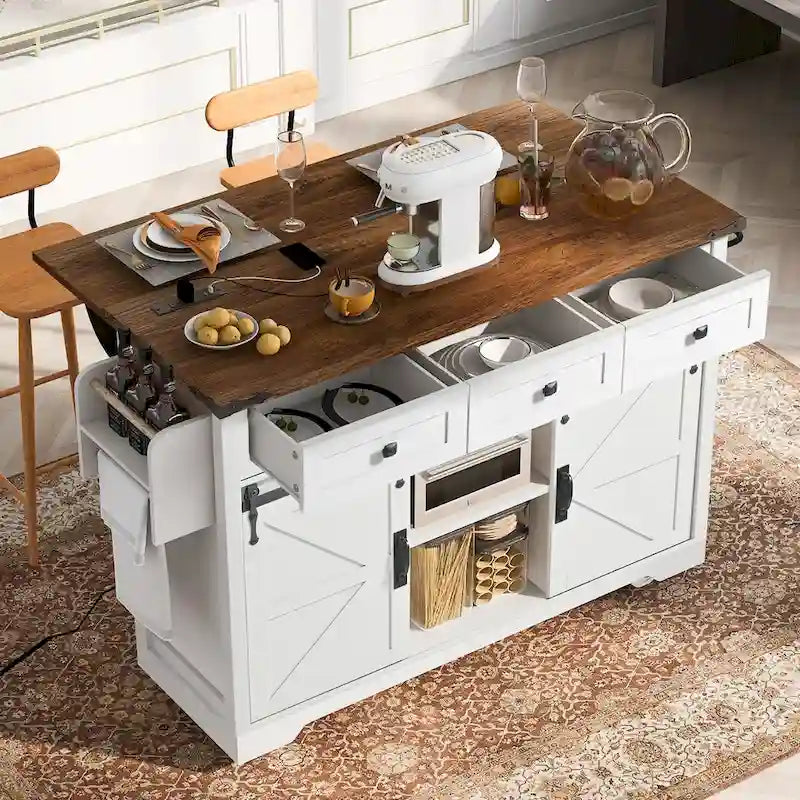 53.7-Inch Farmhouse Kitchen Island with Power Outlet, Featuring 2 Sliding Barn Doors and Drop Leaf Design - image 9