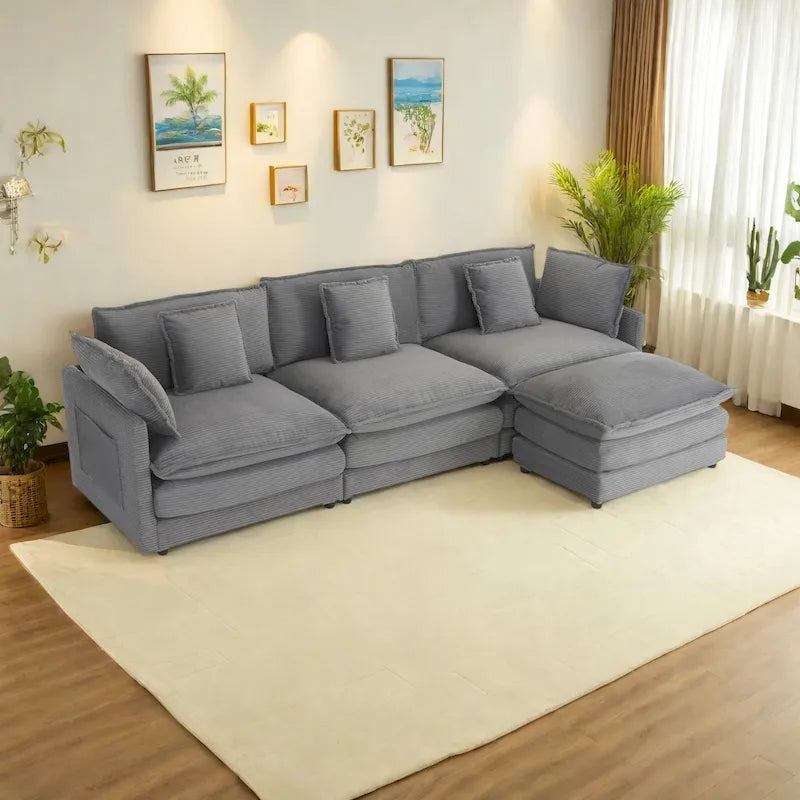 112.6-Inch Corduroy Upholstered L-Shaped Modular Sectional Sofa with Convenient Side Storage Pockets - image 2