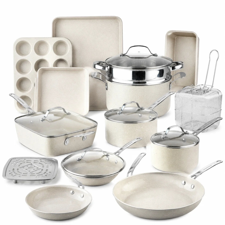 20Pcs Ceramic Nonstick Cookware Set Complete Pots and Pans with Bakeware Steamer Deep Frying Pan Set Beige - image 1