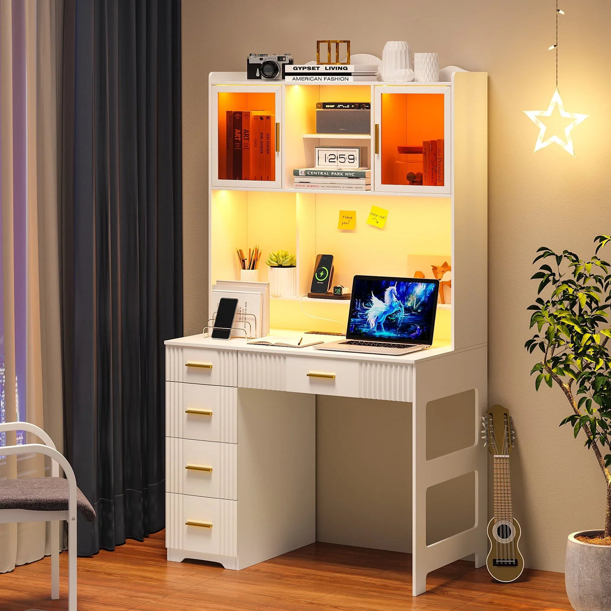 HNEBC LED Study Desk with Hutch and Drawer, Home Office Desk with Outlet, Computer Desk with Charging Station - image 8