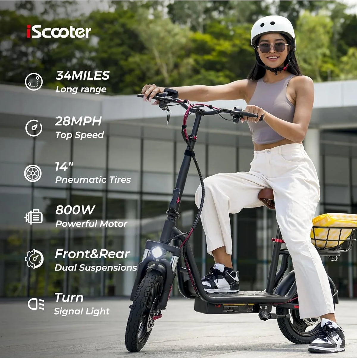 iScooter electric scooter with seat, 37/21 mile range, 28/19/15.6 mph top speed, dual suspension scooter with basket - image 6