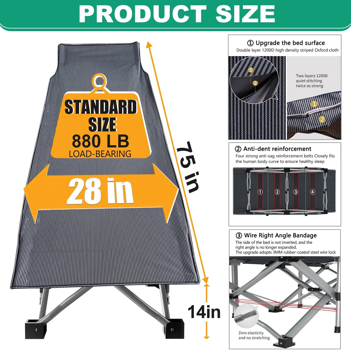 Slsy Folding Camping Cot for Adults, Folding Cot Bed for Sleeping with 2 Sided Mattress & Carry Bag, Tent Cot, Supports 880 lb - image 3