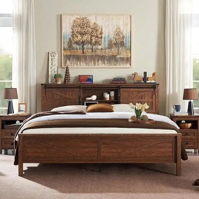 Farmhouse Full Bed Frame with Storage Shelves and Built-in Charging Station - image 38