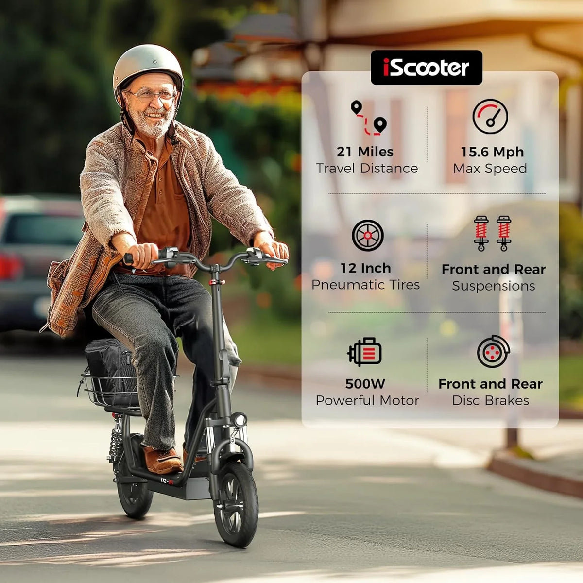iScooter electric scooter with seat, 37/21 mile range, 28/19/15.6 mph top speed, dual suspension scooter with basket - image 14