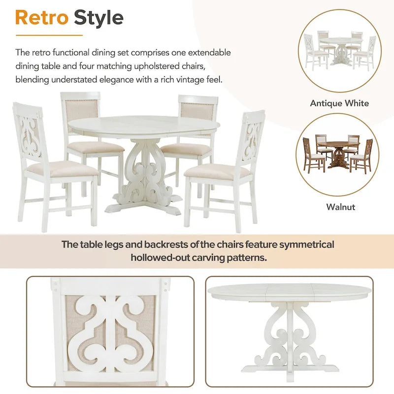 Vintage White 5-Piece Wooden Dining Set with Extendable Table and 4 Chairs - image 6