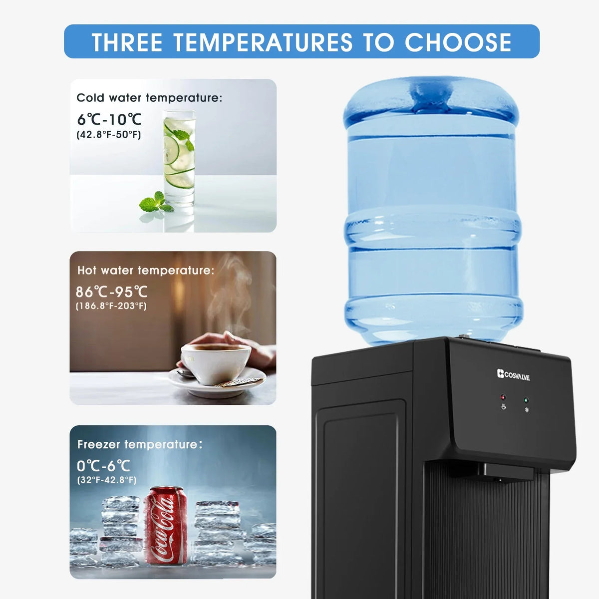 COSVALVE 5 Gallon Hot & Cold Top Loading Water Dispenser Cooler with Freezer Cabinet, Child Safety Lock - image 3