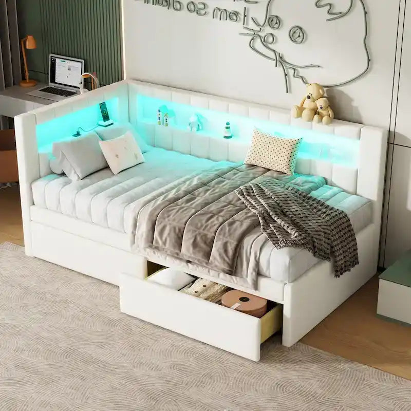 Upholstered Platform Bed with USB Ports & LED Lighting - Full/Twin Size Bed Frame with 2 Storage Drawers - Modern Bedroom - image 5