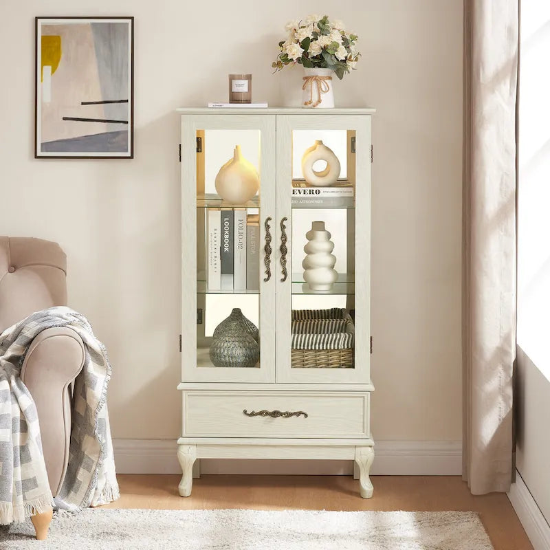 Illuminated Glass Curio Display Cabinet with Adjustable Shelves, Double Doors, and Drawer - Glass Wine Storage Solution - image 3