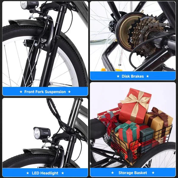 26 Inch Adult 3 Wheel Electric Tricycle with Basket, Fat Tires,7 Speeds,350W Powerful Motor, 36V 10Ah Removable Battery  Dark Gray - image 6