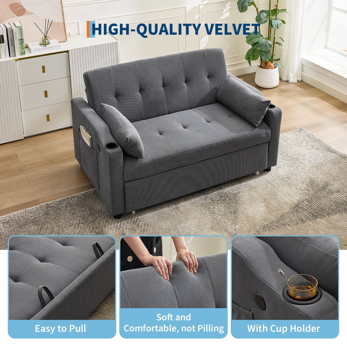 3 in 1 Convertible Sleeper Sofa Bed, Corduroy Futon Couches with Pull-Out Bed, Adjustable Backrest, Charging Port & Side Pockets, Modern Upholstered Sofa for Living Room, Guest Room - image 23