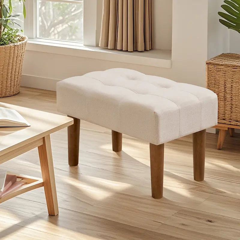 Set of 2 Small Linen Foot Stools with Legs - Rectangle Upholstered Ottoman Footrests - image 22