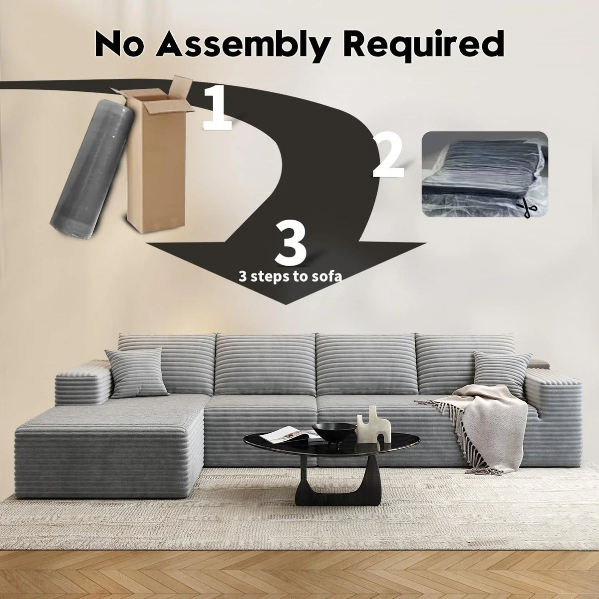 107.5" Cloud Modular Sectional Sofa Couch with L-Shape Chaise,Modern Minimalist Upholstered Couches for Living Room Bedroom,Deep Seat Corner Couch .No Assembly Required (Black,Left Facing Chaise) - image 92