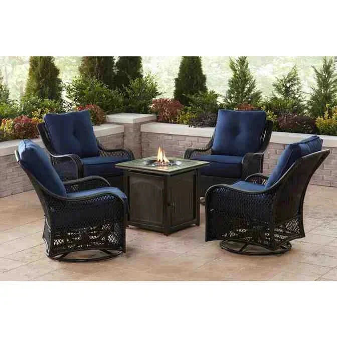2025 5-piece steel patio fire pit seating set with navy blue cushions, swivel gliders and square fire pit table - image 7