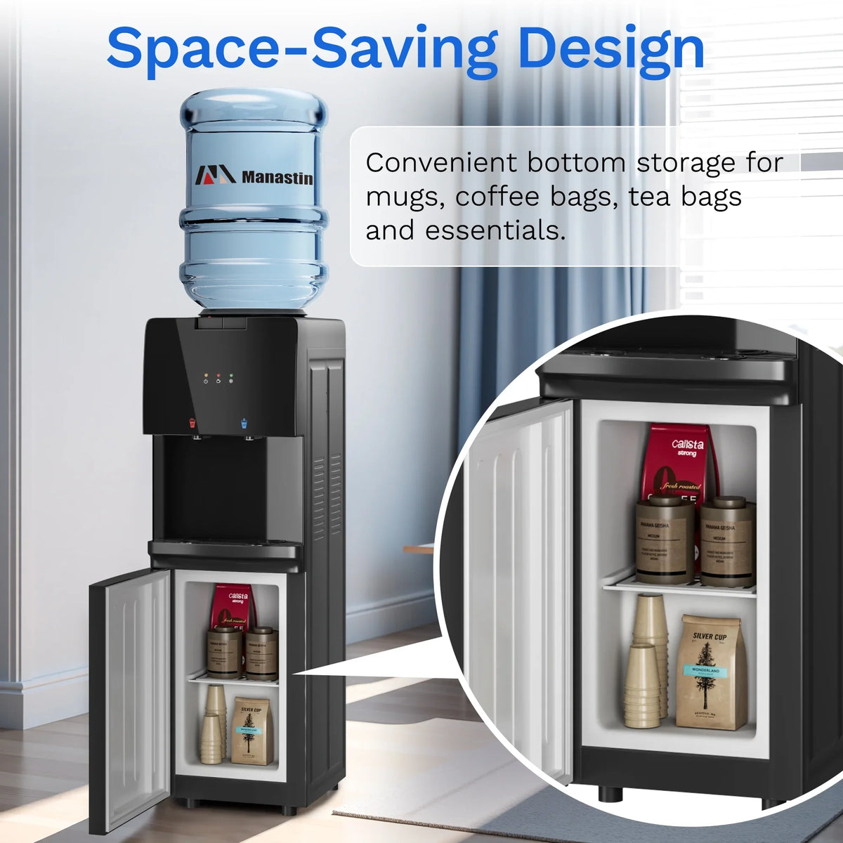 Manastin Top Loading Water Dispenser - Hot and Cold Water, Child Lock, Removable Water Tray, Extra Storage, Black - image 8