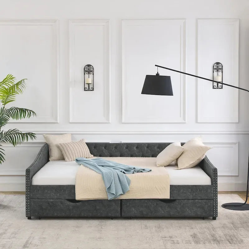 Upholstered Tufted Queen Size Daybed Sofa Bed with Storage Drawers - image 3