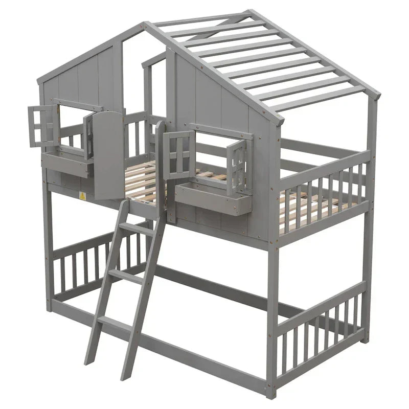 Twin over Twin House Bunk Bed with Roof , Window, Window Box, Door , with Safety Guardrails and Ladder, Grey - image 9