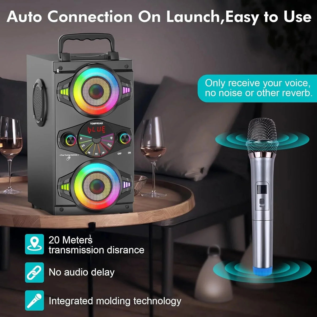 Speakers, 60W Portable Wireless Loud Outdoor Home Party Bluetooth Speaker with Subwoofer, FM Radio, LED Colorful Lights, Microphone, Remote and Big Powerful Stereo Deep Bass Sound Boombox - image 5