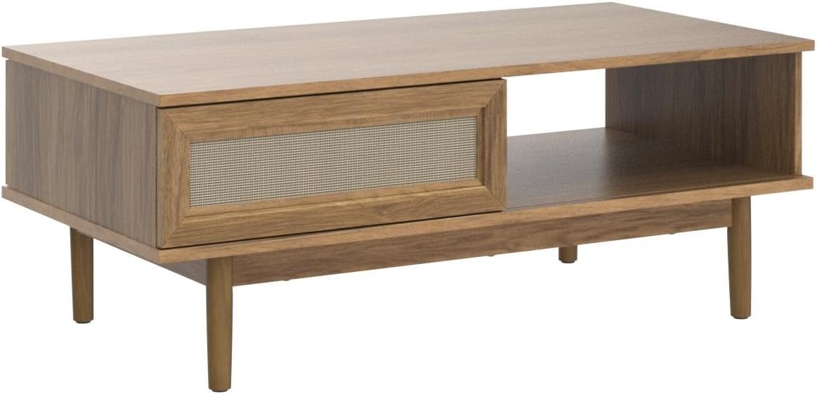 Mopio Ensley Mid Century Modern Rectangle Coffee Table with Dual Storage Shelf, Wood Slat Sliding Door, & Rounded Edge Protection for Living Room, Walnut Grain - image 26