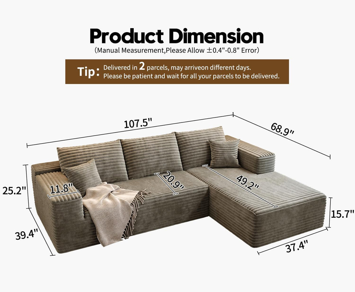 107.5" Cloud Modular Sectional Sofa Couch with L-Shape Chaise,Modern Minimalist Upholstered Couches for Living Room Bedroom,Deep Seat Corner Couch .No Assembly Required (Black,Left Facing Chaise) - image 97