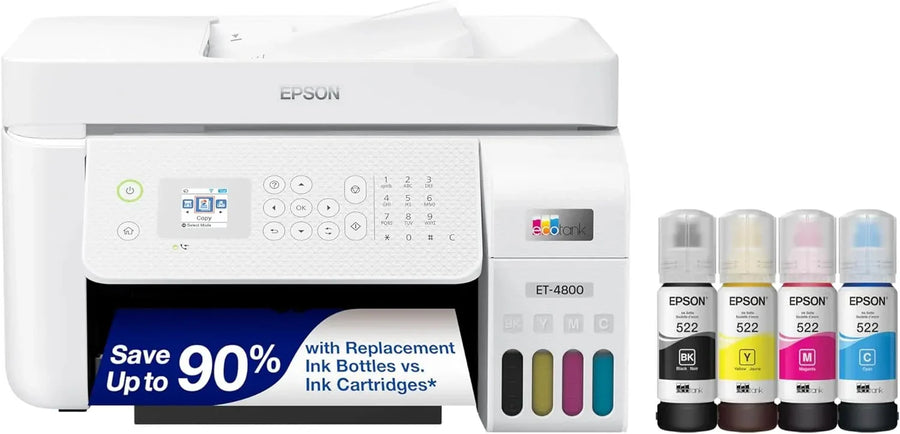 ET 4800 Wireless All in One Cartridge Free Supertank Printer with Scanner, Copier, Fax, ADF and Ethernet – Ideal for Your Home Office, White - image 1