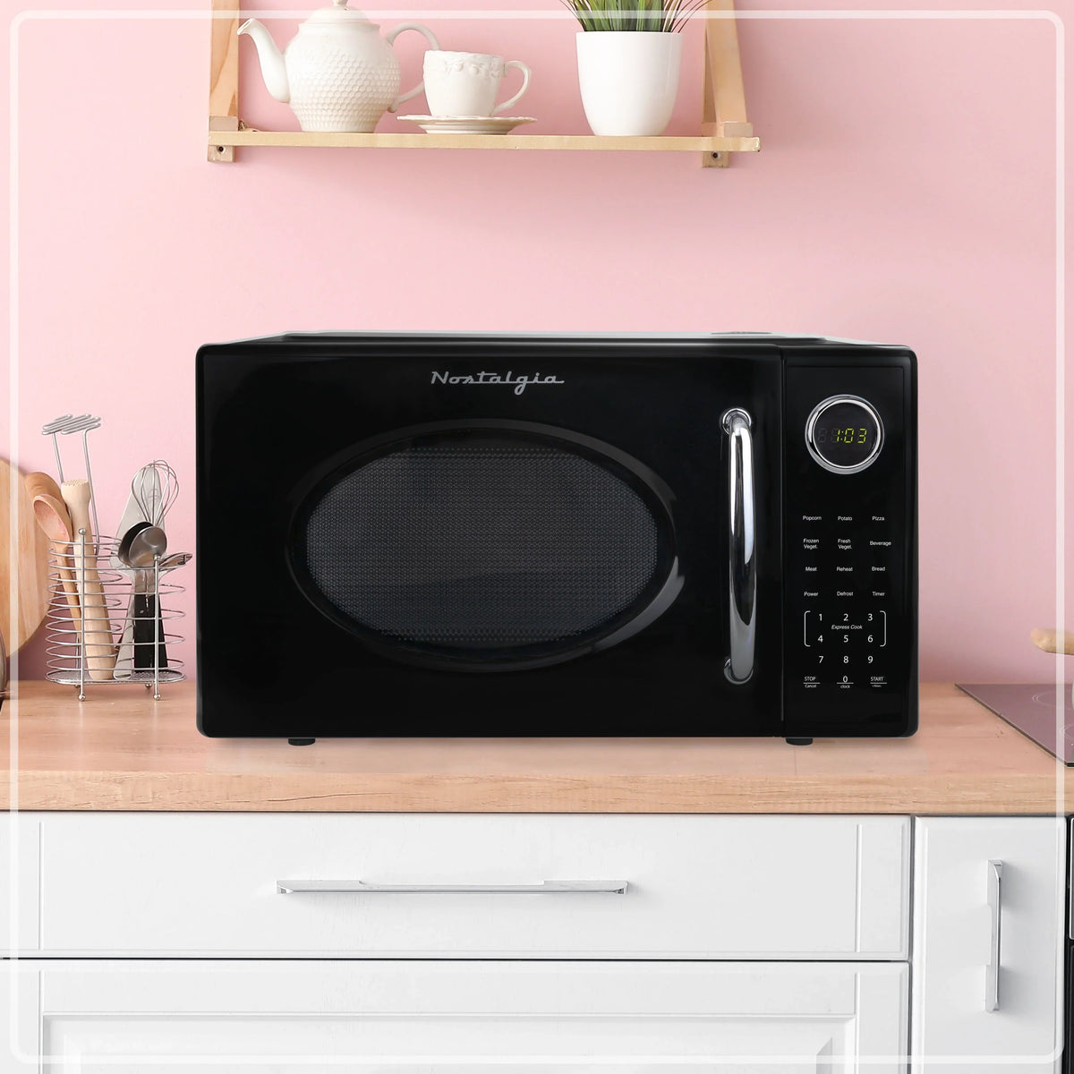 Nostalgia Retro Microwave Oven - 1.1 Cu Ft & 1000-Watt Countertop Size with Glass Turntable, Child Safety Lock, 8 Auto-Cook Programs & Digital Clock - Black - image 11