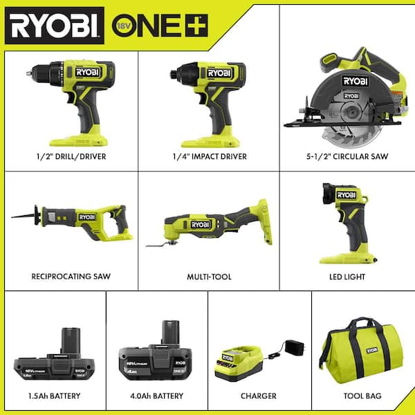 ONE+ 18V Cordless 6-Tool Combo Kit with 1.5 Ah Battery, 4.0 Ah Battery, and Charger - image 2