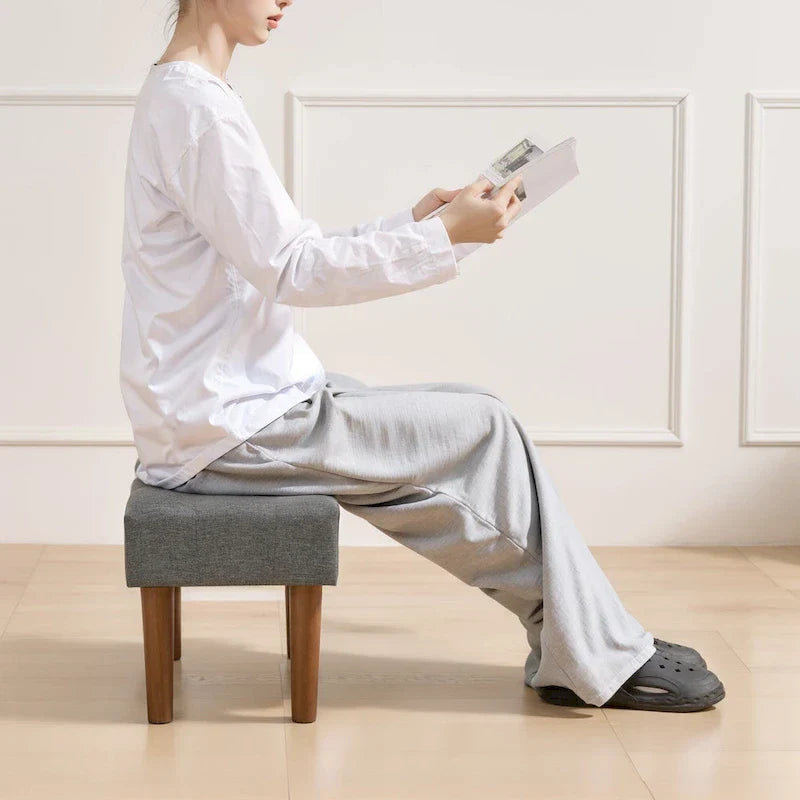 Set of 2 Small Linen Foot Stools with Legs - Rectangle Upholstered Ottoman Footrests - image 19