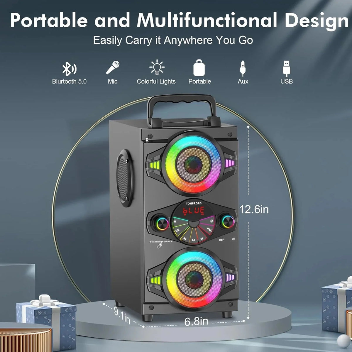 Speakers, 60W Portable Wireless Loud Outdoor Home Party Bluetooth Speaker with Subwoofer, FM Radio, LED Colorful Lights, Microphone, Remote and Big Powerful Stereo Deep Bass Sound Boombox - image 2