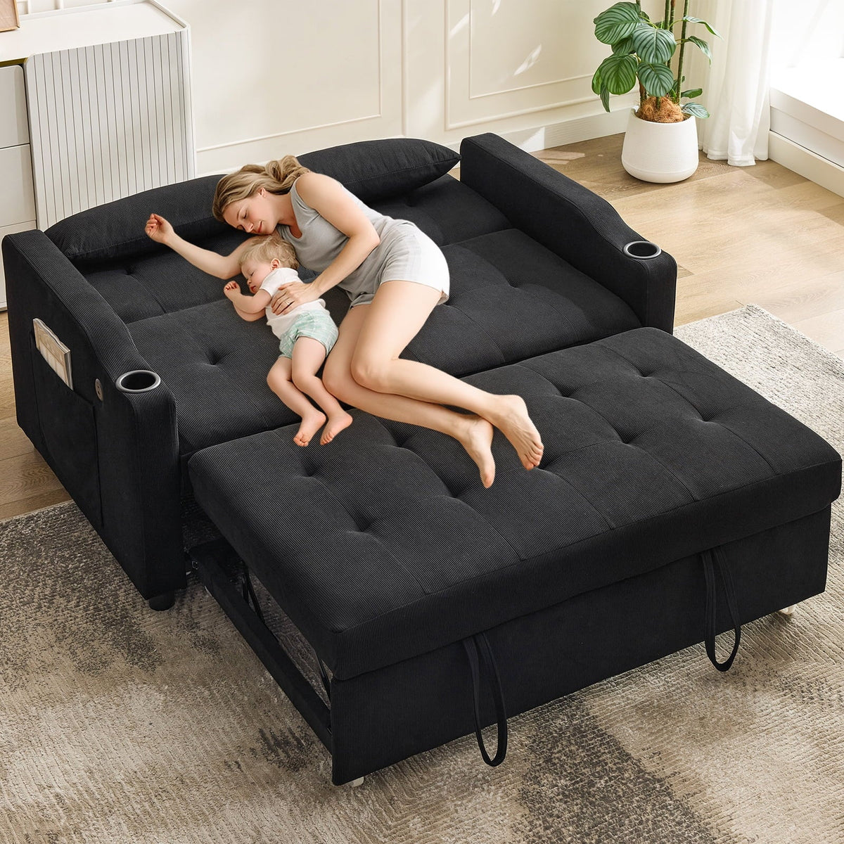 3 in 1 Convertible Sleeper Sofa Bed, Corduroy Futon Couches with Pull-Out Bed, Adjustable Backrest, Charging Port & Side Pockets, Modern Upholstered Sofa for Living Room, Guest Room - image 12