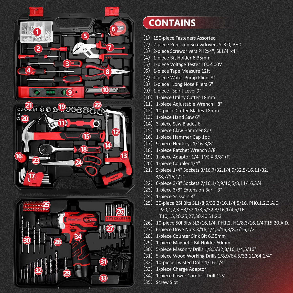 KingTool 276-Piece Tool Set Kit with 12V Cordless Power Drill Driver - image 2