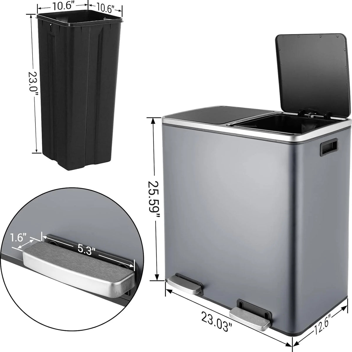 Arlopu 60 L/16 gal Dual Trash Can, Stainless Steel Garbage Can for Kitchen, Recycle Bin with Lid - image 22