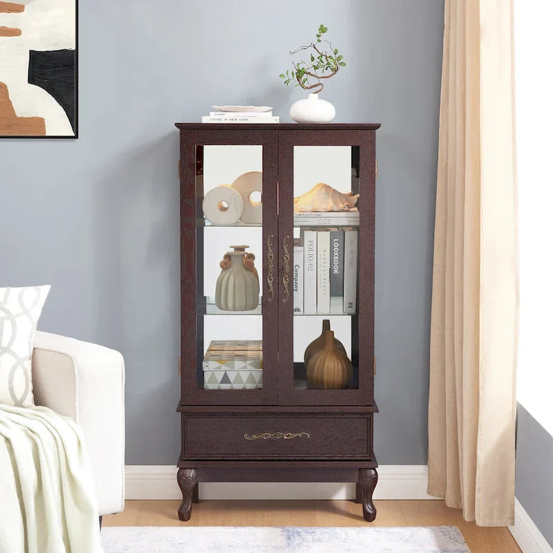Illuminated Glass Curio Display Cabinet with Adjustable Shelves, Double Doors, and Drawer - Glass Wine Storage Solution - image 22