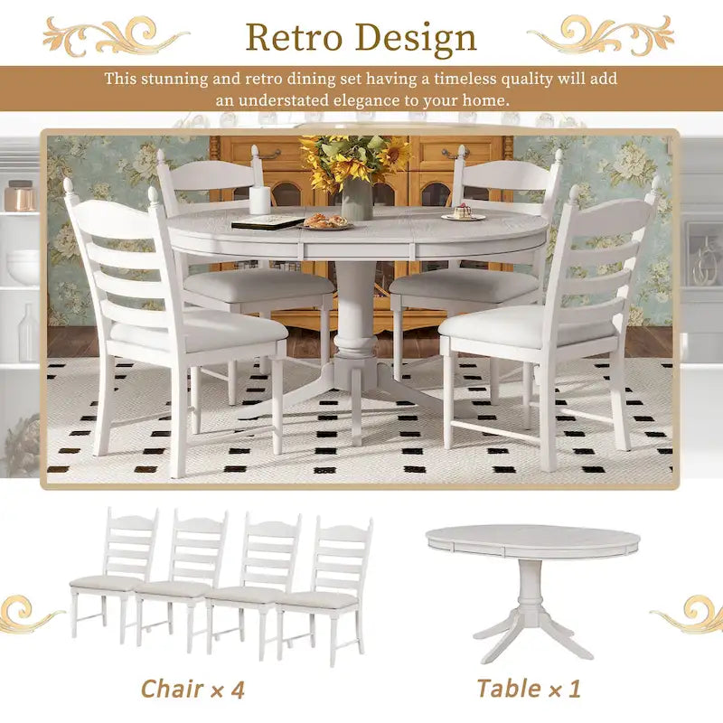 5-Piece Retro Wood Dining Set: Round Extendable Table with 4 Upholstered Chairs - image 9