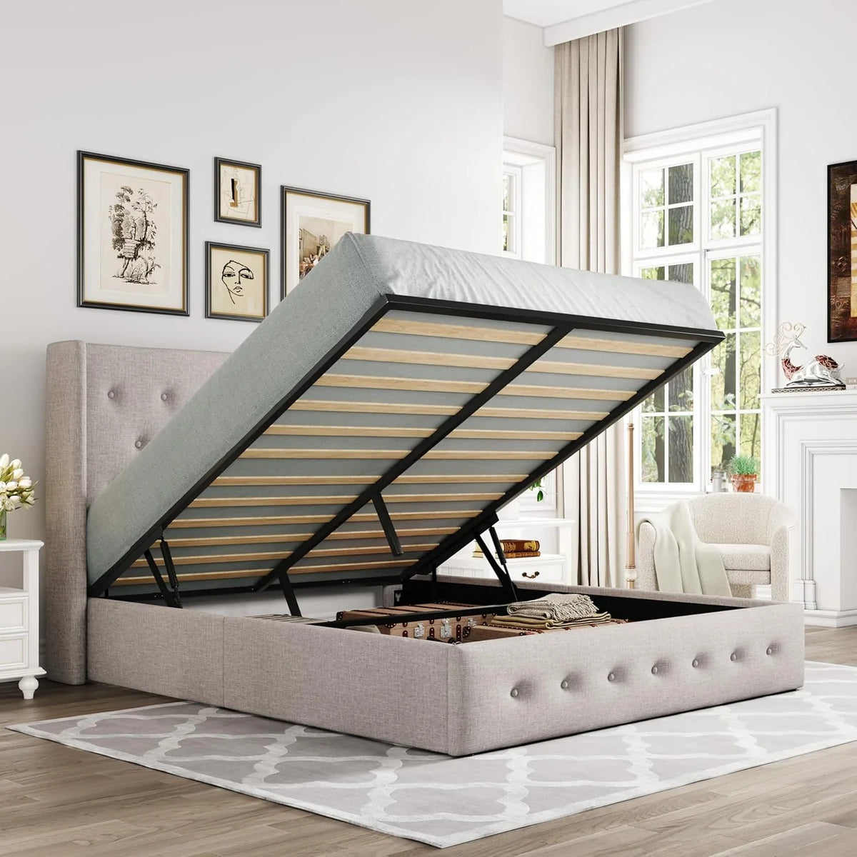 Queen Size Lift Up Storage Bed, Modern Wingback Headboard, Hydraulic Support, No Box Spring Needed, Light Beige - image 1