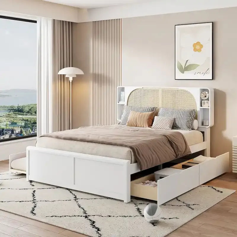 White Queen Size Rattan Bed with Trundle and Dual Storage Drawers - image 1