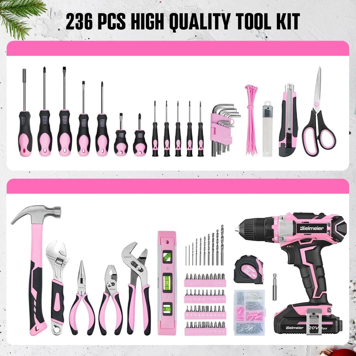 20V 236Pcs Cordless Pink Drill Set - Essential Women's Pink Tool Set, Lady's Basic Home Tool Kit with Pink Tool Bag - All in One Pink Tool Kit Ideal - image 2