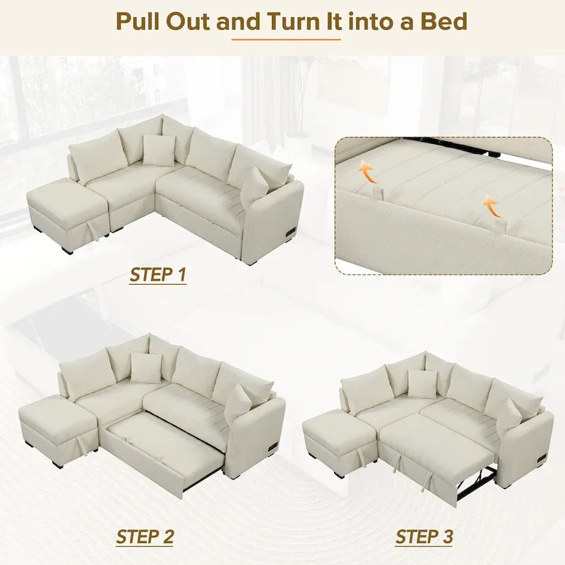 82.6" L-Shaped Sectional Sleeper Sofa Bed with Dual USB Ports, Power Outlets, and Removable Storage Ottoman - Bei - image 3