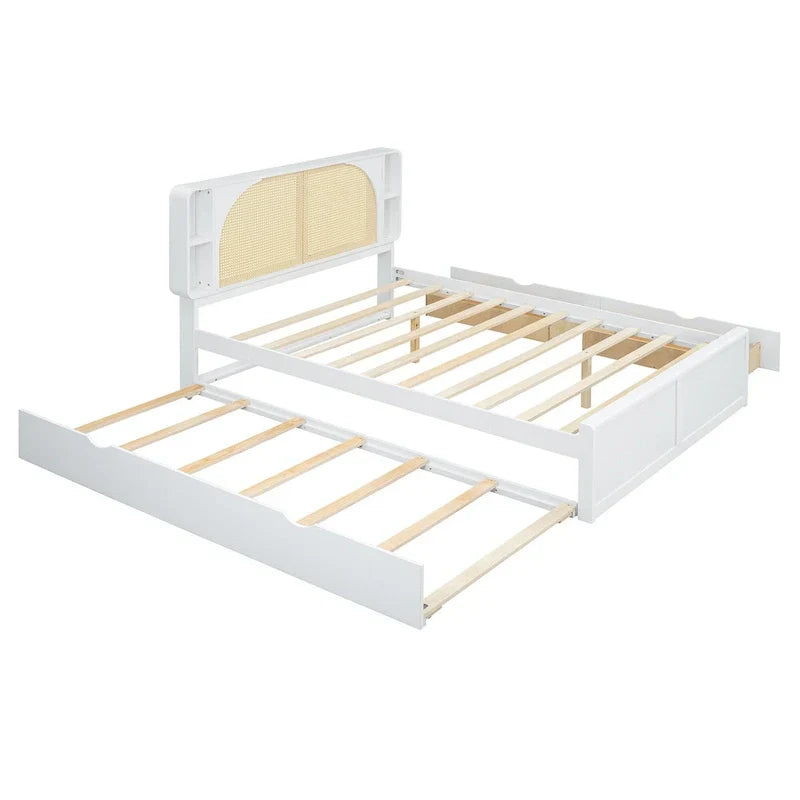 White Queen Size Rattan Bed with Trundle and Dual Storage Drawers - image 9