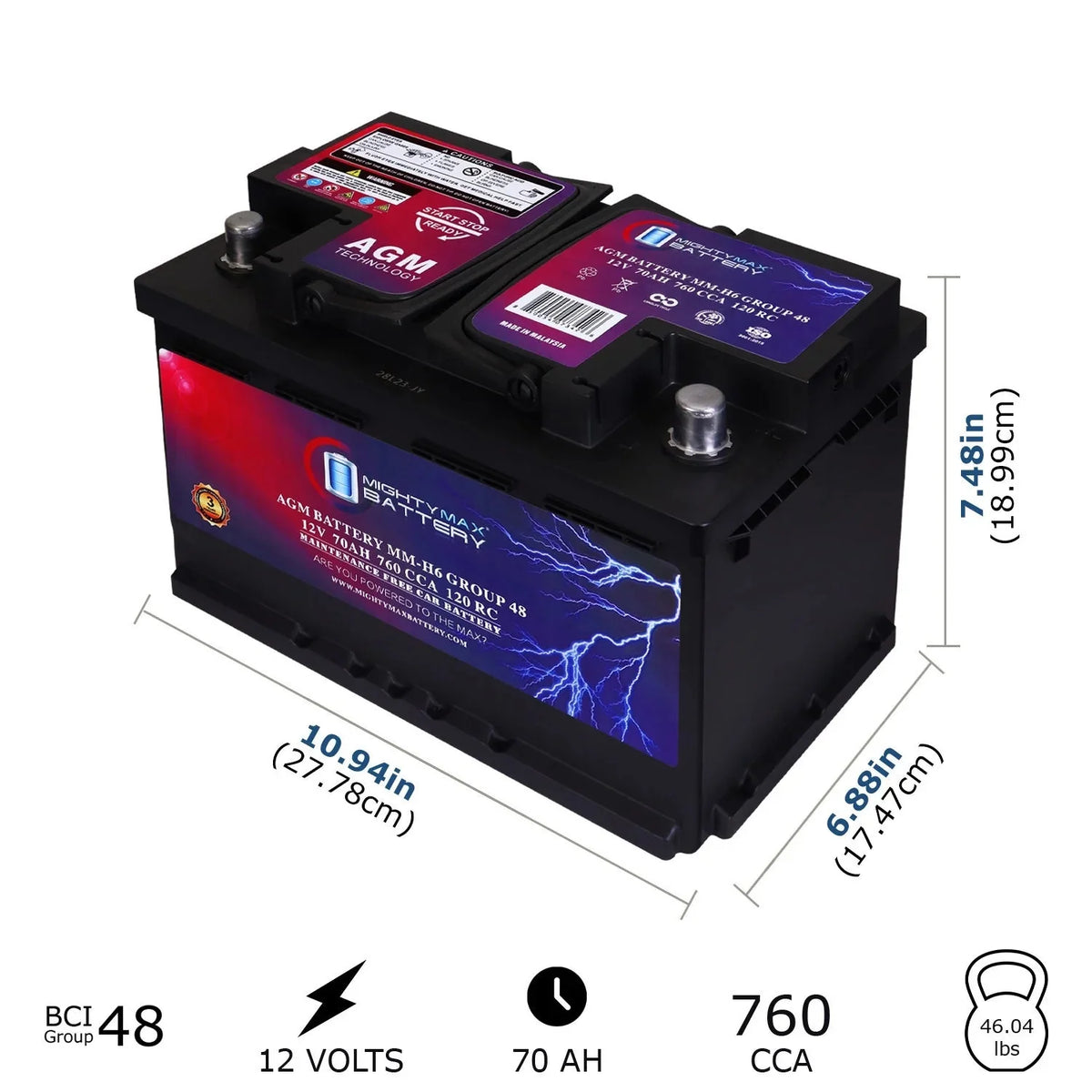 MM-H6 12V 70AH Car Battery, 760 CCA, Group 48, Compatible with Chevrolet Silverado 1500, Long Life, High Discharge Rate - image 2