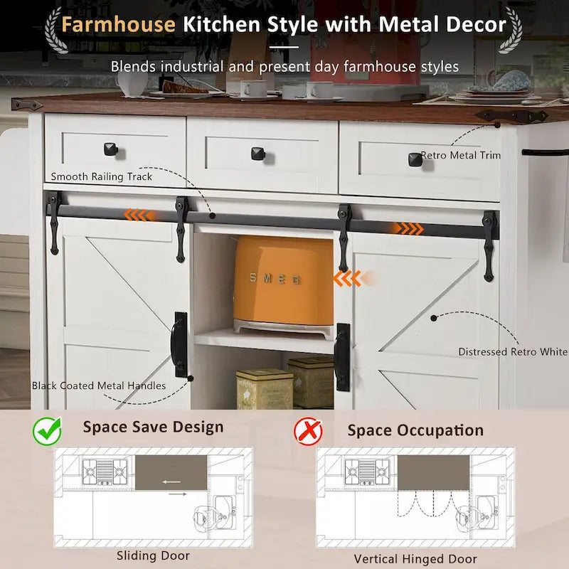 53.7-Inch Farmhouse Kitchen Island with Power Outlet, Featuring 2 Sliding Barn Doors and Drop Leaf Design - image 8