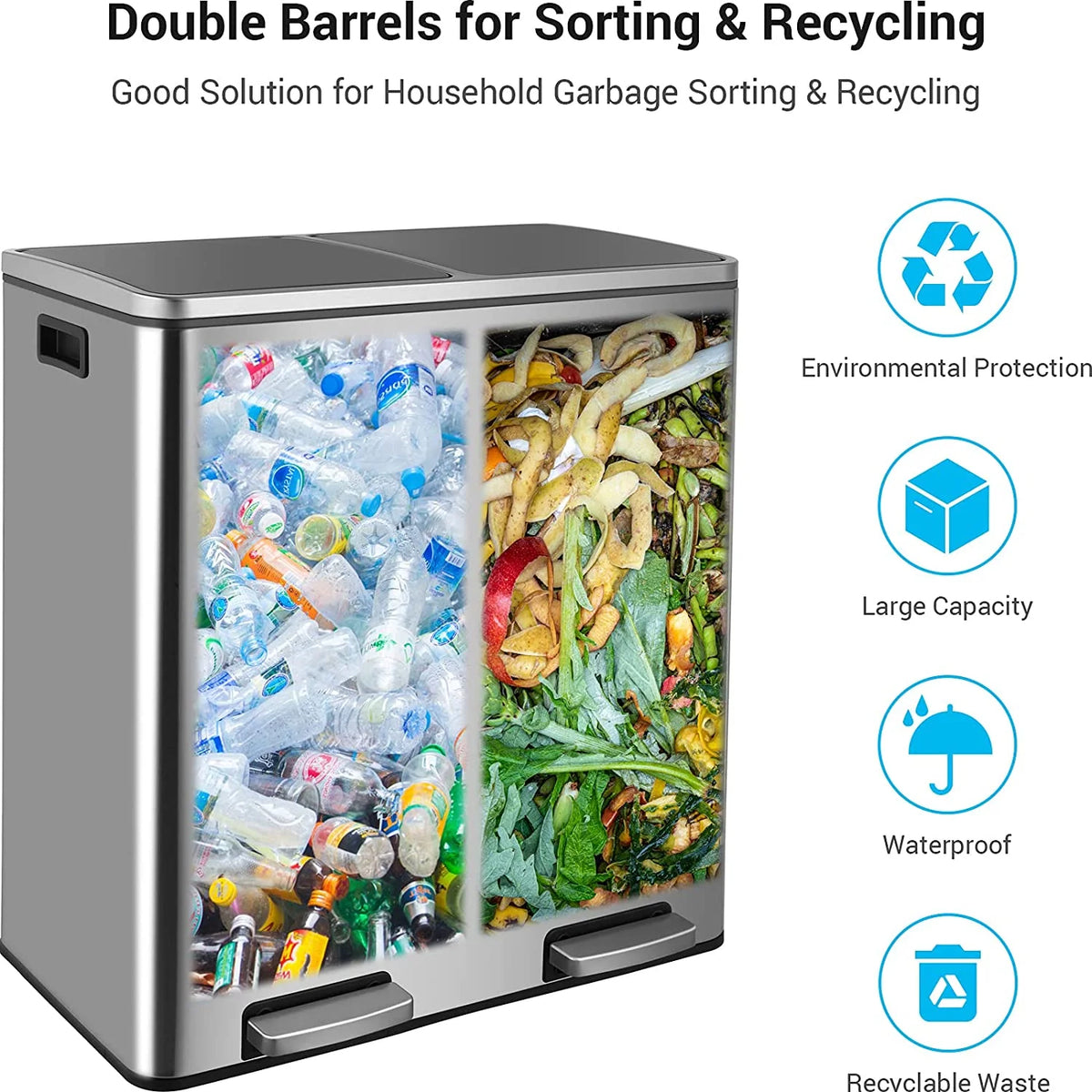 Arlopu 60 L/16 gal Dual Trash Can, Stainless Steel Garbage Can for Kitchen, Recycle Bin with Lid - image 47